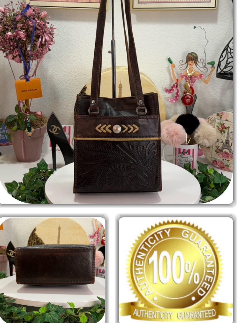 STYLISH AMERICAN WEST BROWN LEATHER TOOLED PURSE/TOTE/HANDBAG!